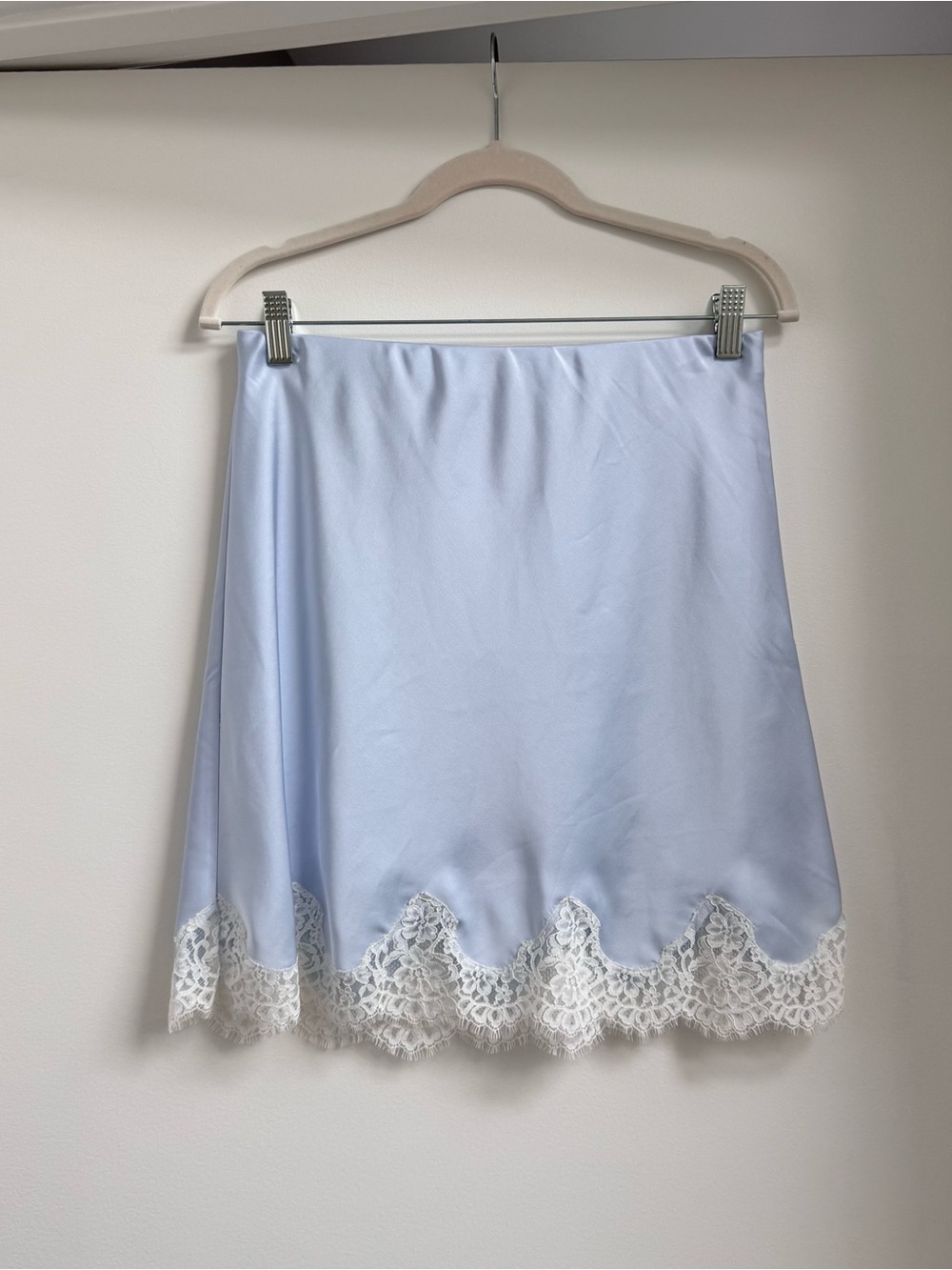 Aritzia Pale Blue Silk Mini Skirt with White Lace Trim